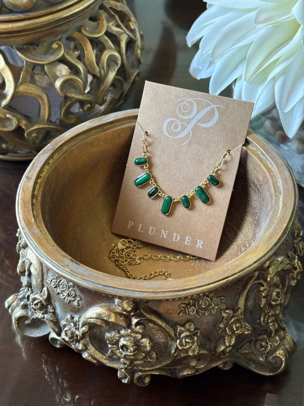Goldtone Necklace with Green Mini Pendants by Plunder Design Private Label